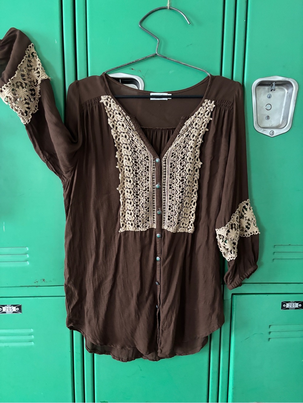 Tasha Polizzi Brown Blouse with Cream Crochet Trim